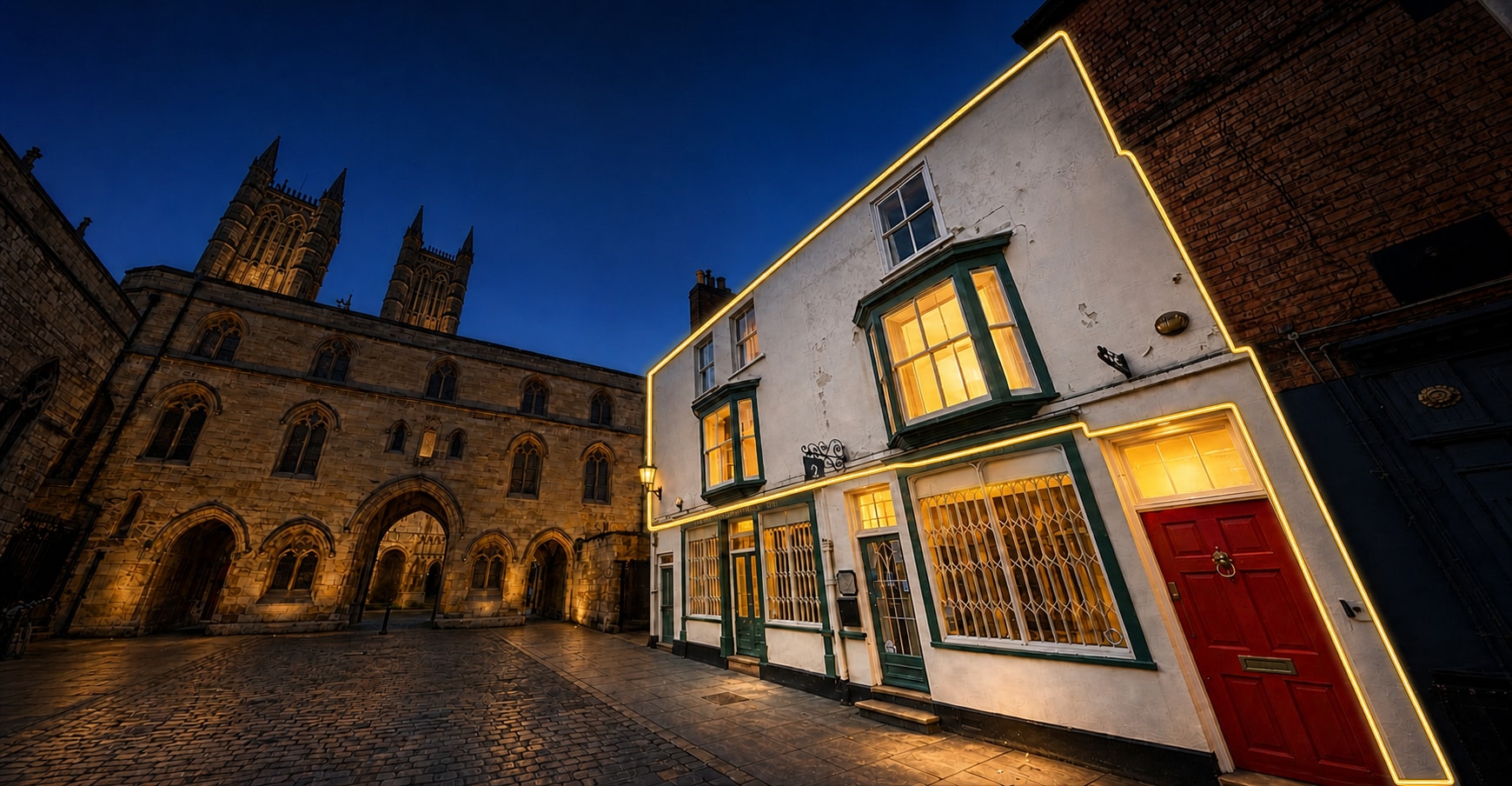 Exchequergate beside Lincoln Cathedral at blue hour
