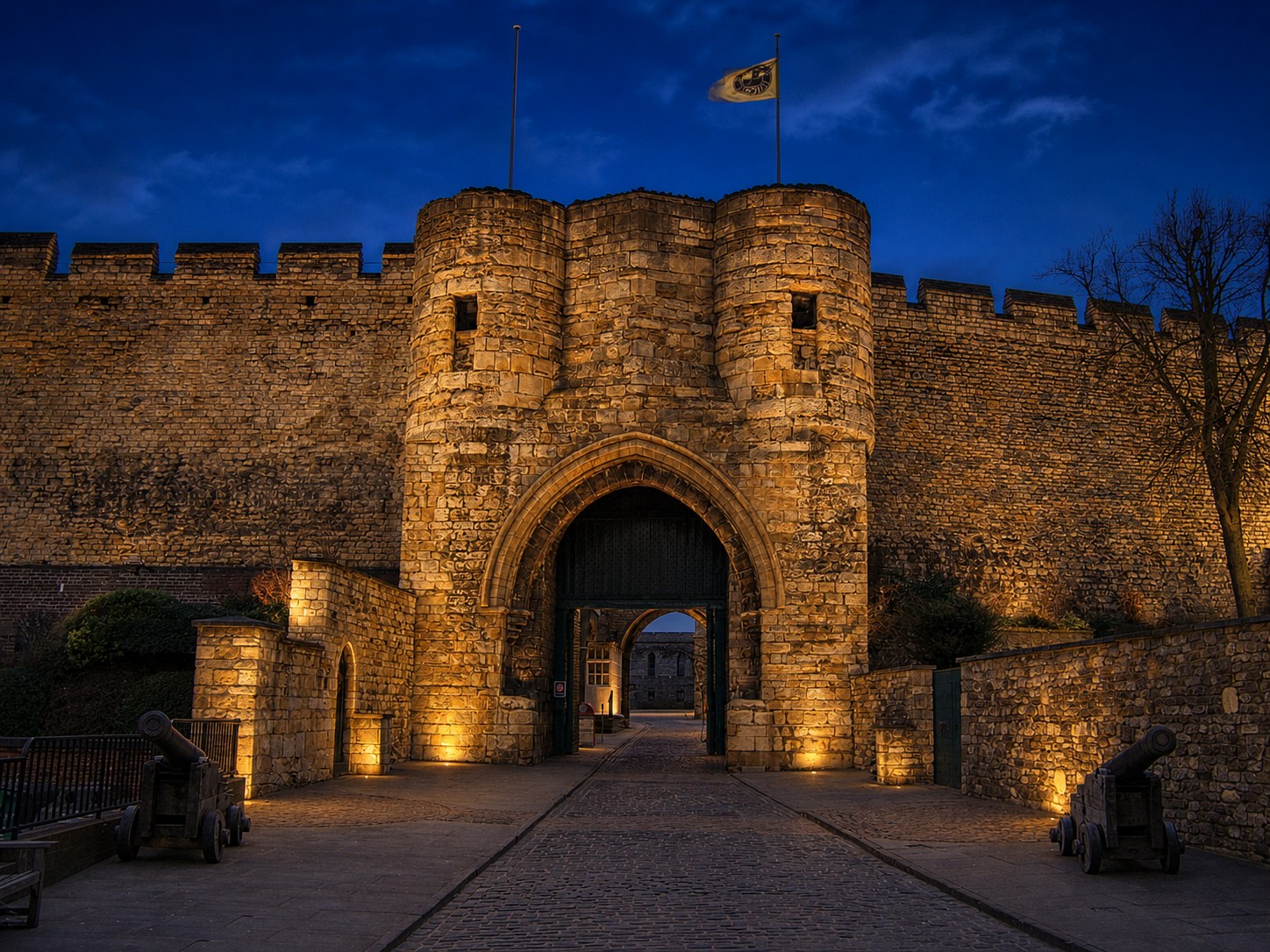Lincoln Castle's medieval East Gate and curtain walls illuminated at blue hour